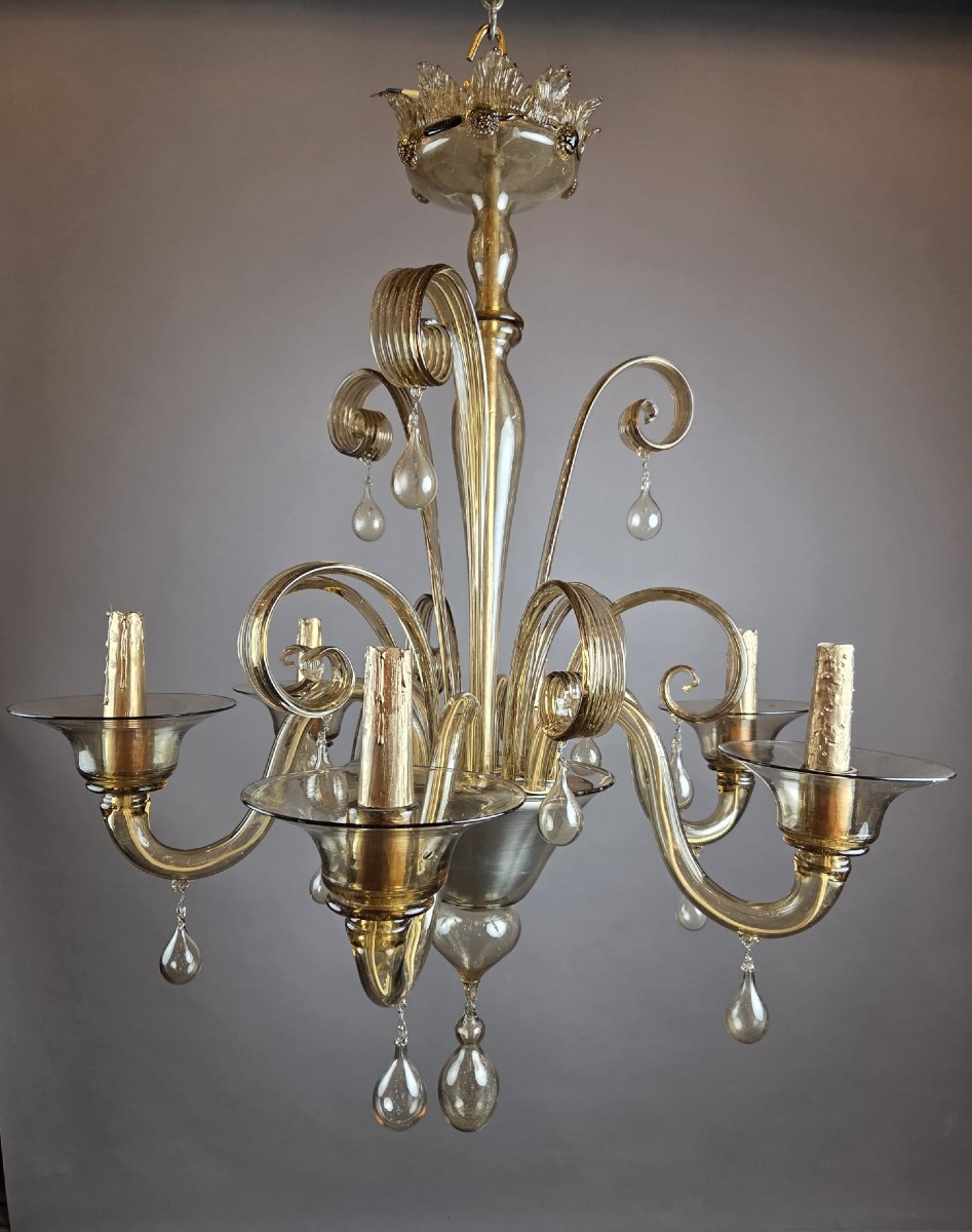 Murano Chandelier In Amber Glass With 6 Lights, Circa 1950