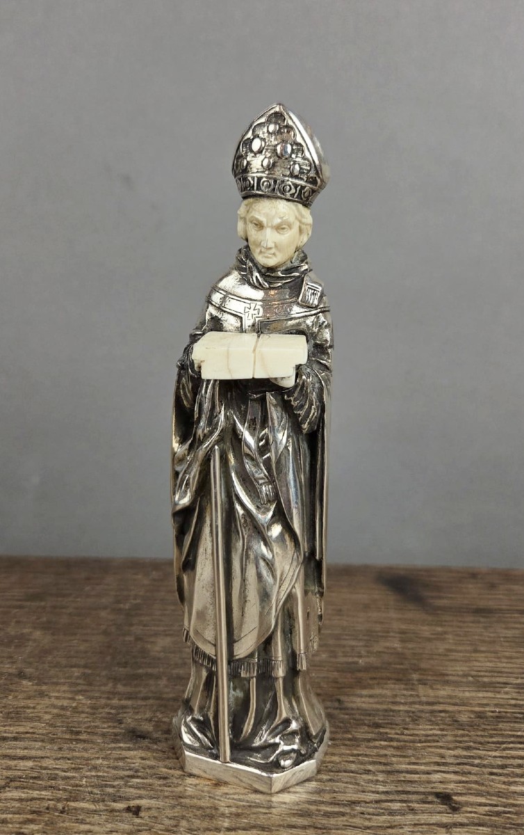 Silver And Bone Bishop Statuette - France - 20th Century