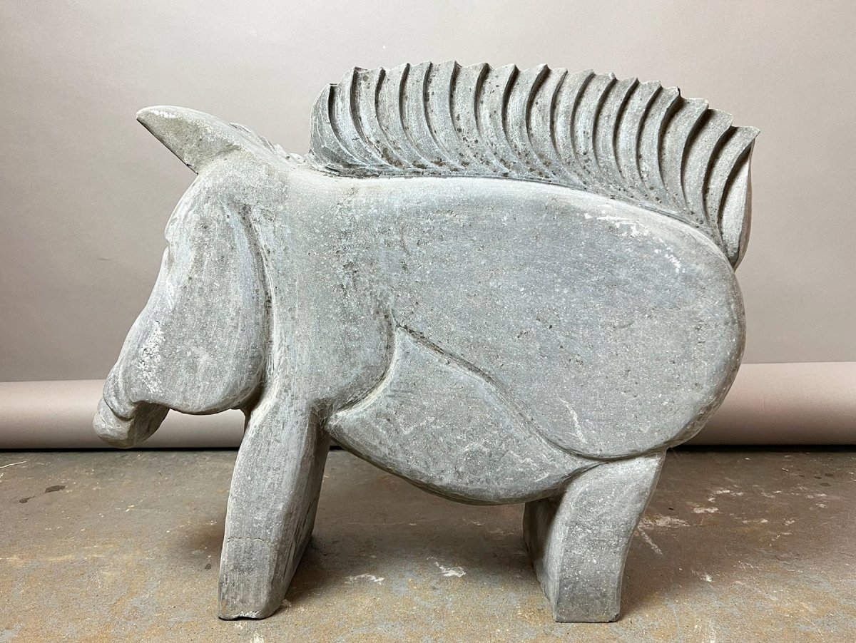 Sculpture en pierre bleu, "Sanglier stylisé", Marc Verdoodt, années 80-90-photo-3