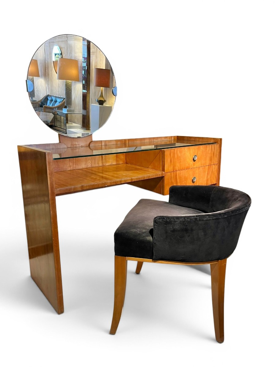 Coiffeuse Art Déco en noyer et son fauteuil