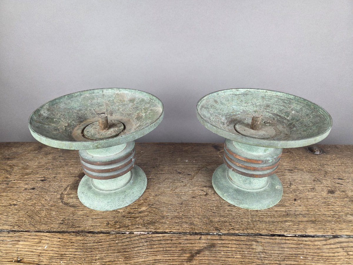 Pair Of Art Deco Bronze Candle-holders-photo-2