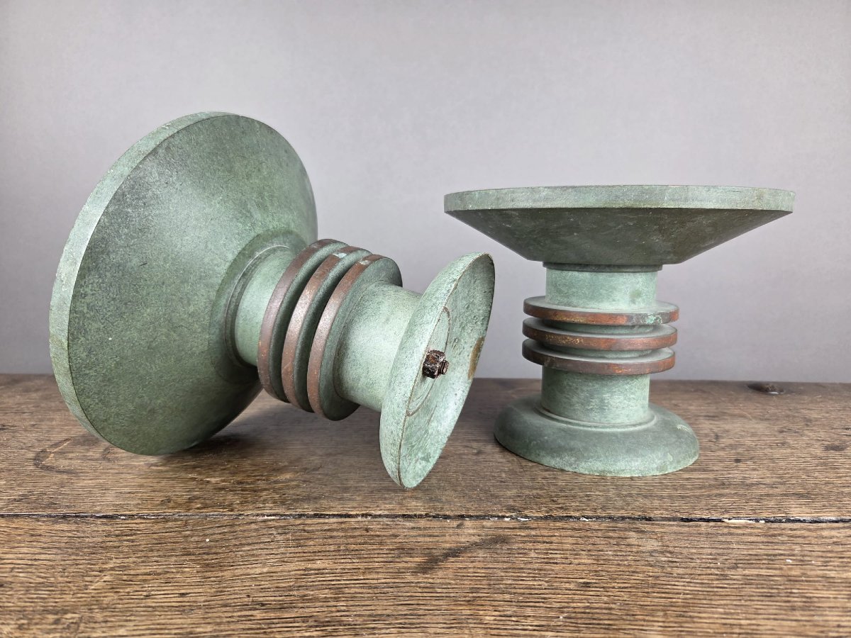 Pair Of Art Deco Bronze Candle-holders-photo-3