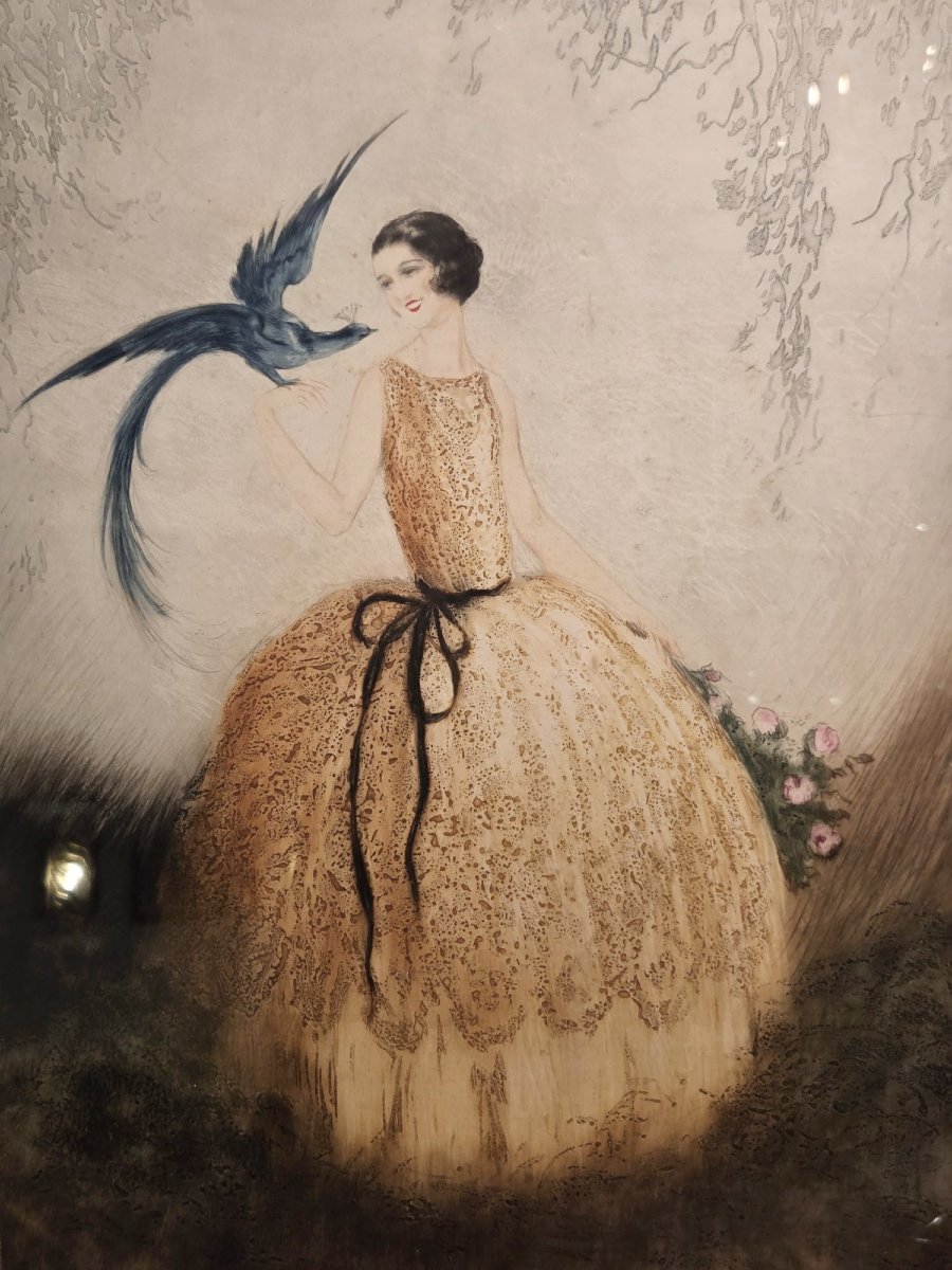 Estampe aquatinte, " Elégante à l'oiseau bleu", circa 1920, signé.-photo-2
