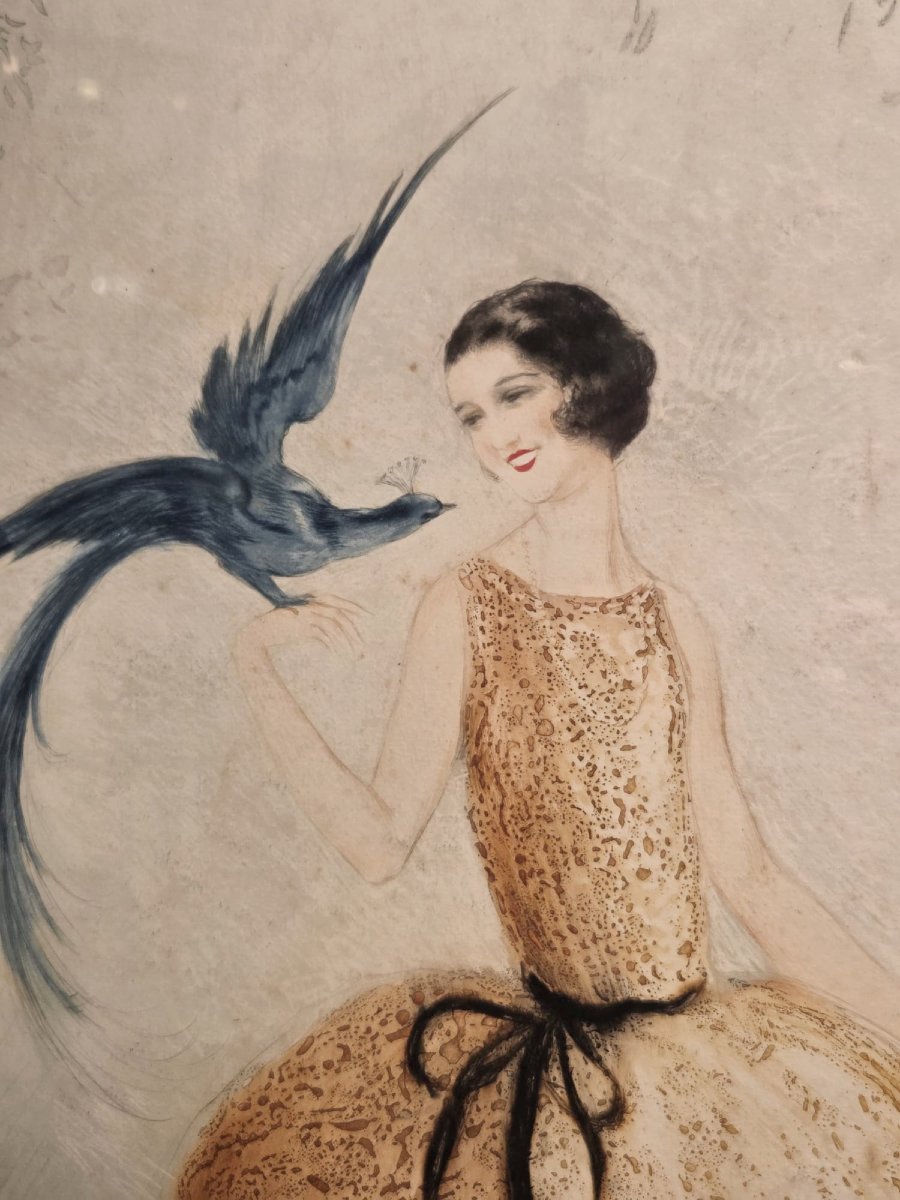 Estampe aquatinte, " Elégante à l'oiseau bleu", circa 1920, signé.-photo-4