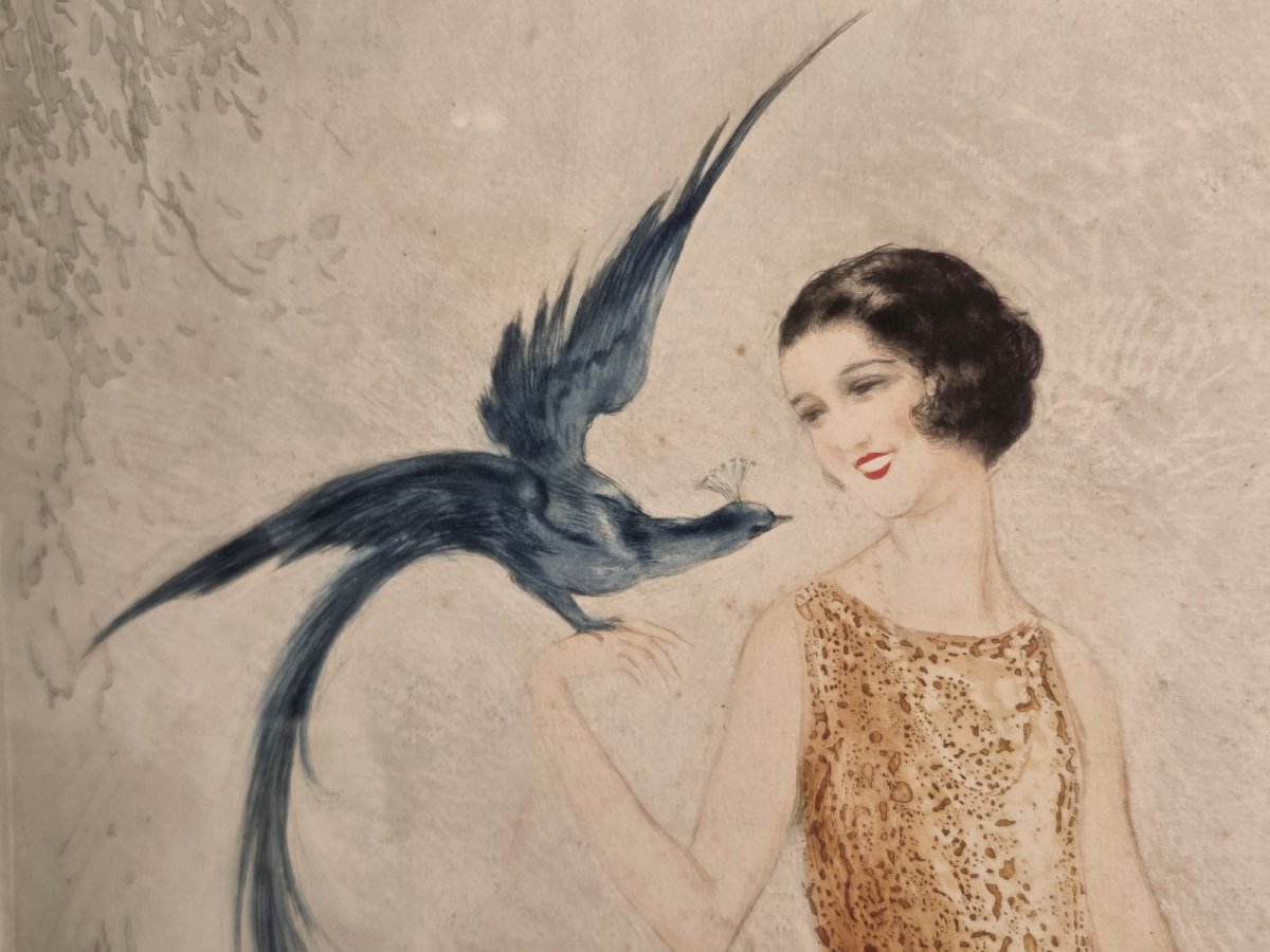 Estampe aquatinte, " Elégante à l'oiseau bleu", circa 1920, signé.-photo-2