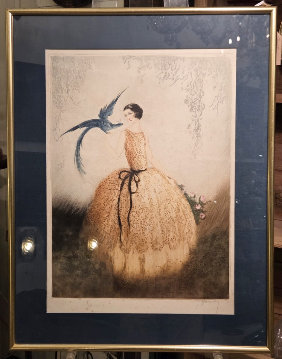 Estampe aquatinte, " Elégante à l'oiseau bleu", circa 1920, signé.