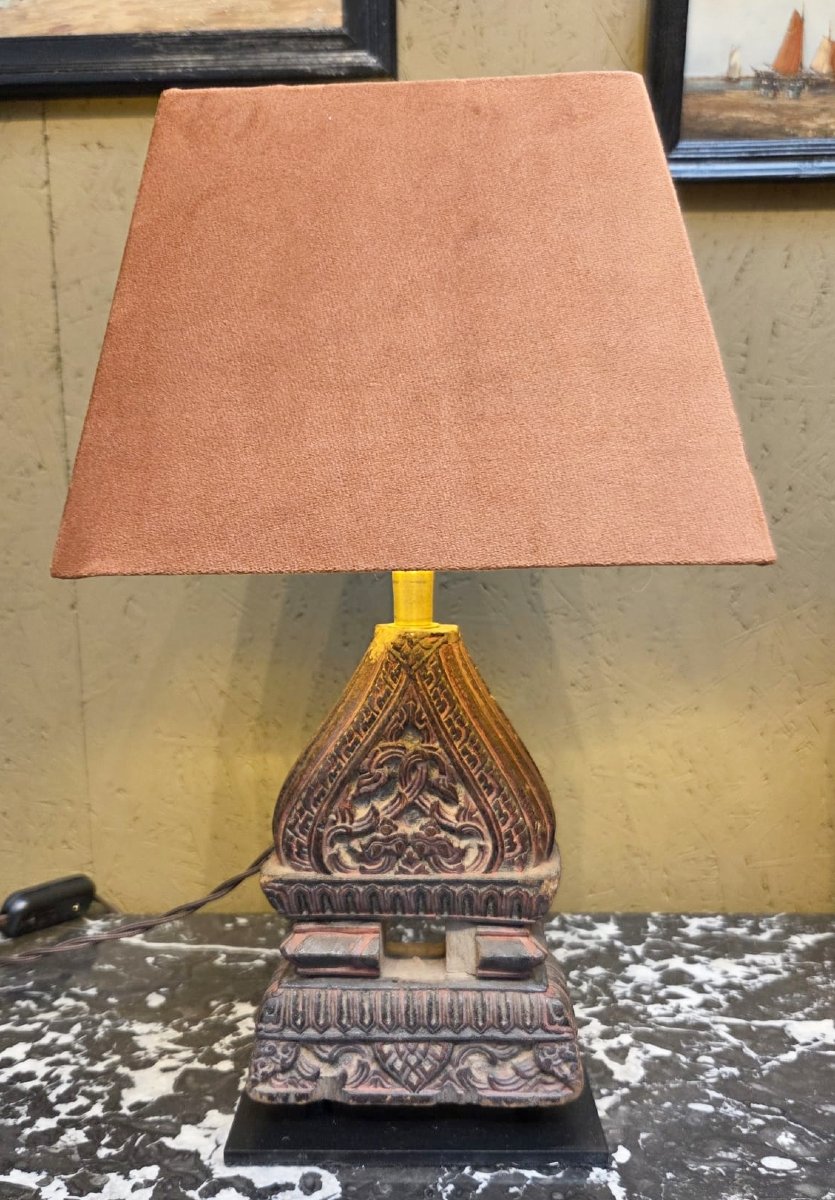 Pair Of Indonesian Carved Wood Lamps, Early 20th Century-photo-2
