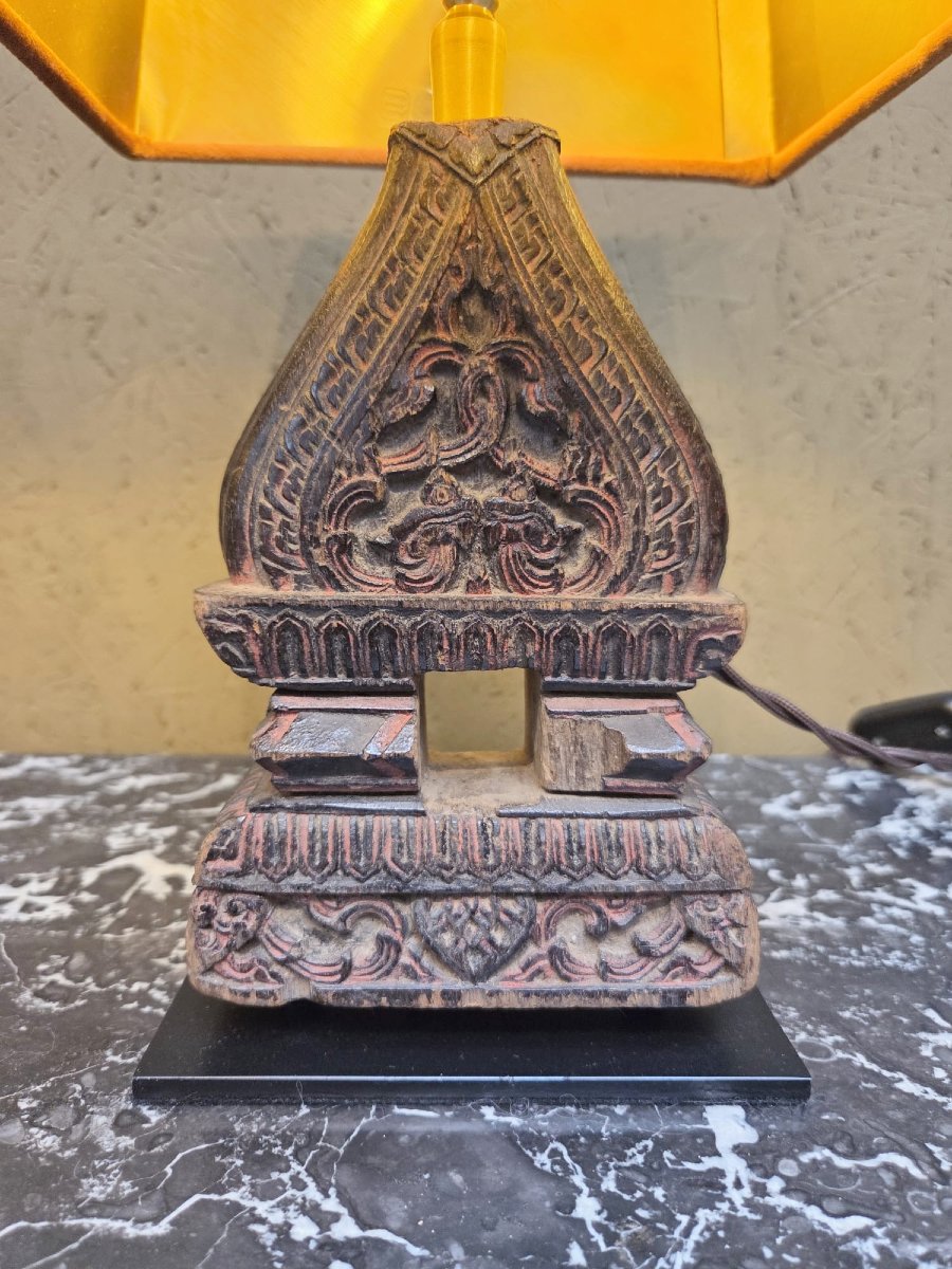 Pair Of Indonesian Carved Wood Lamps, Early 20th Century-photo-3