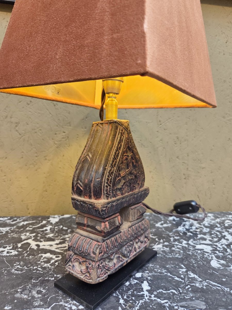 Pair Of Indonesian Carved Wood Lamps, Early 20th Century-photo-4