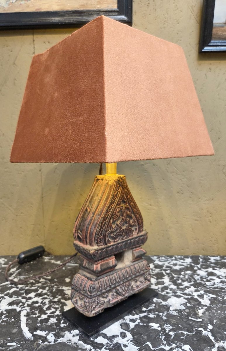 Pair Of Indonesian Carved Wood Lamps, Early 20th Century-photo-2