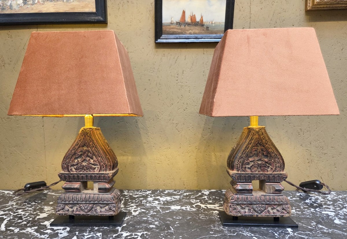 Pair Of Indonesian Carved Wood Lamps, Early 20th Century