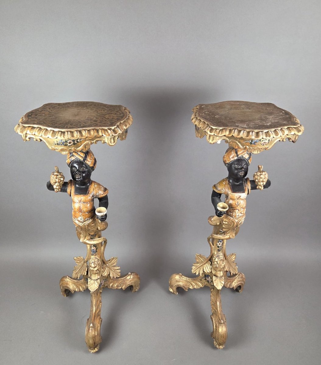 Pair Of Venetian Giltwood And Polychrome Sellettes, Late 19th Century-photo-2