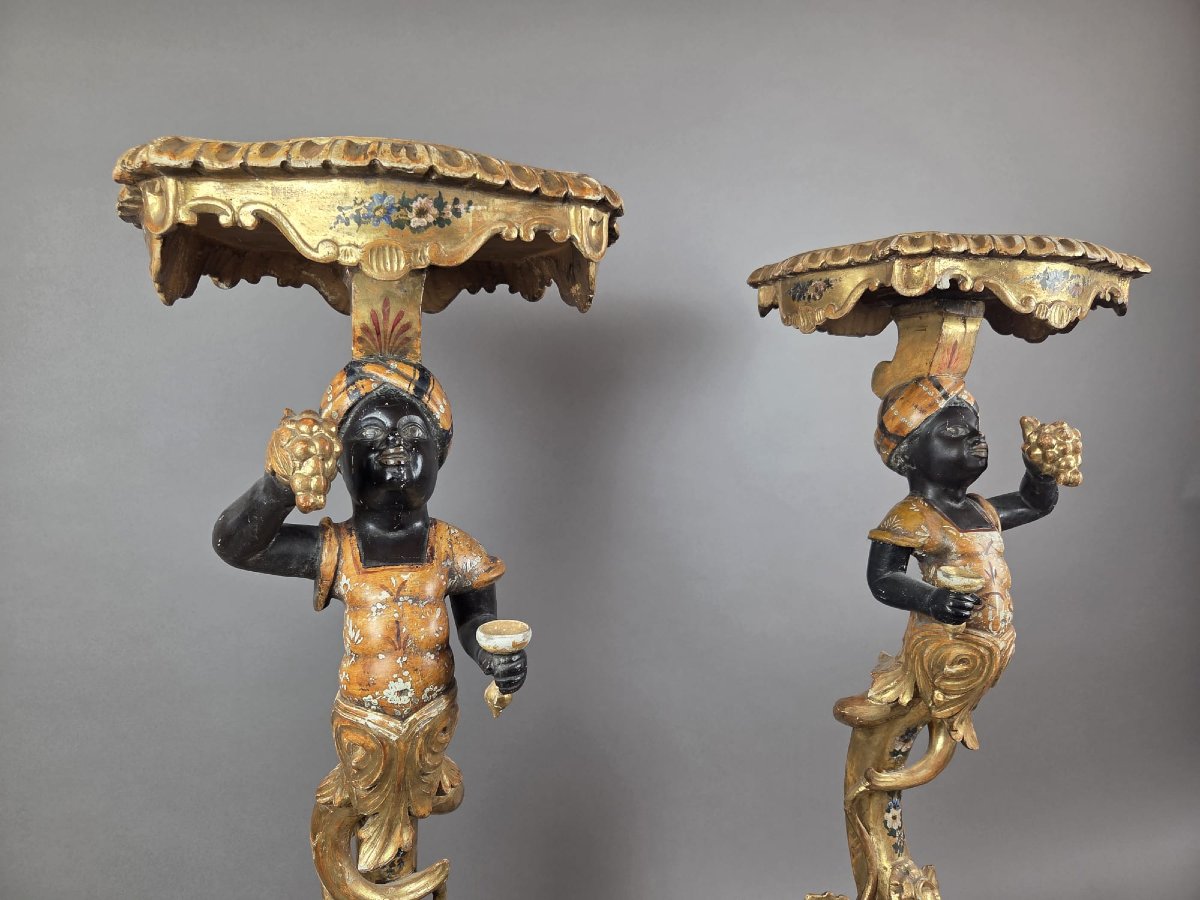 Pair Of Venetian Giltwood And Polychrome Sellettes, Late 19th Century-photo-1