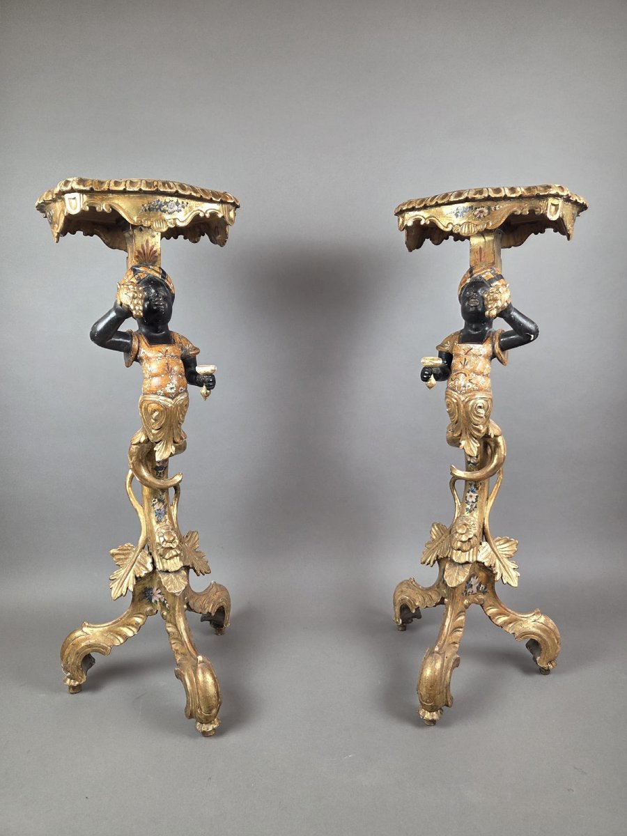 Pair Of Venetian Giltwood And Polychrome Sellettes, Late 19th Century-photo-2