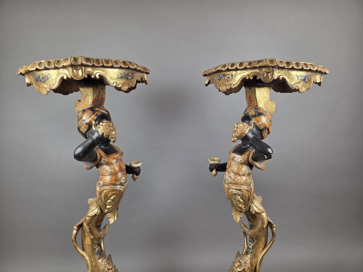 Pair Of Venetian Giltwood And Polychrome Sellettes, Late 19th Century-photo-7