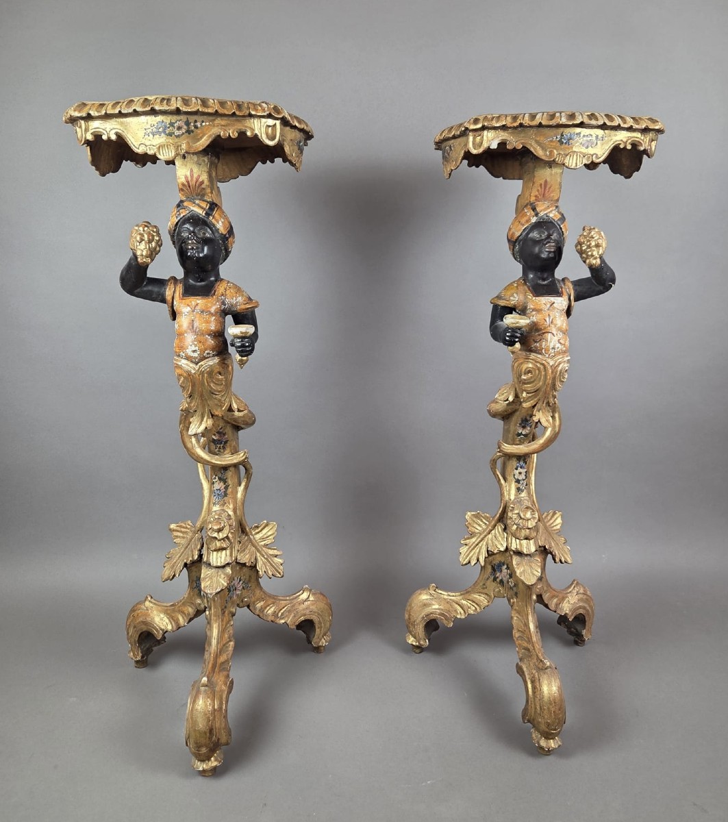 Pair Of Venetian Giltwood And Polychrome Sellettes, Late 19th Century