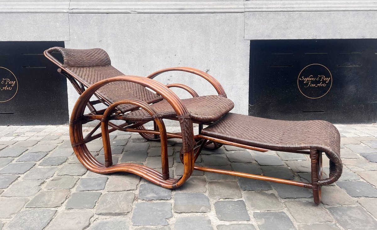 Chaise longue en bambou et rotin, années 1950-photo-3