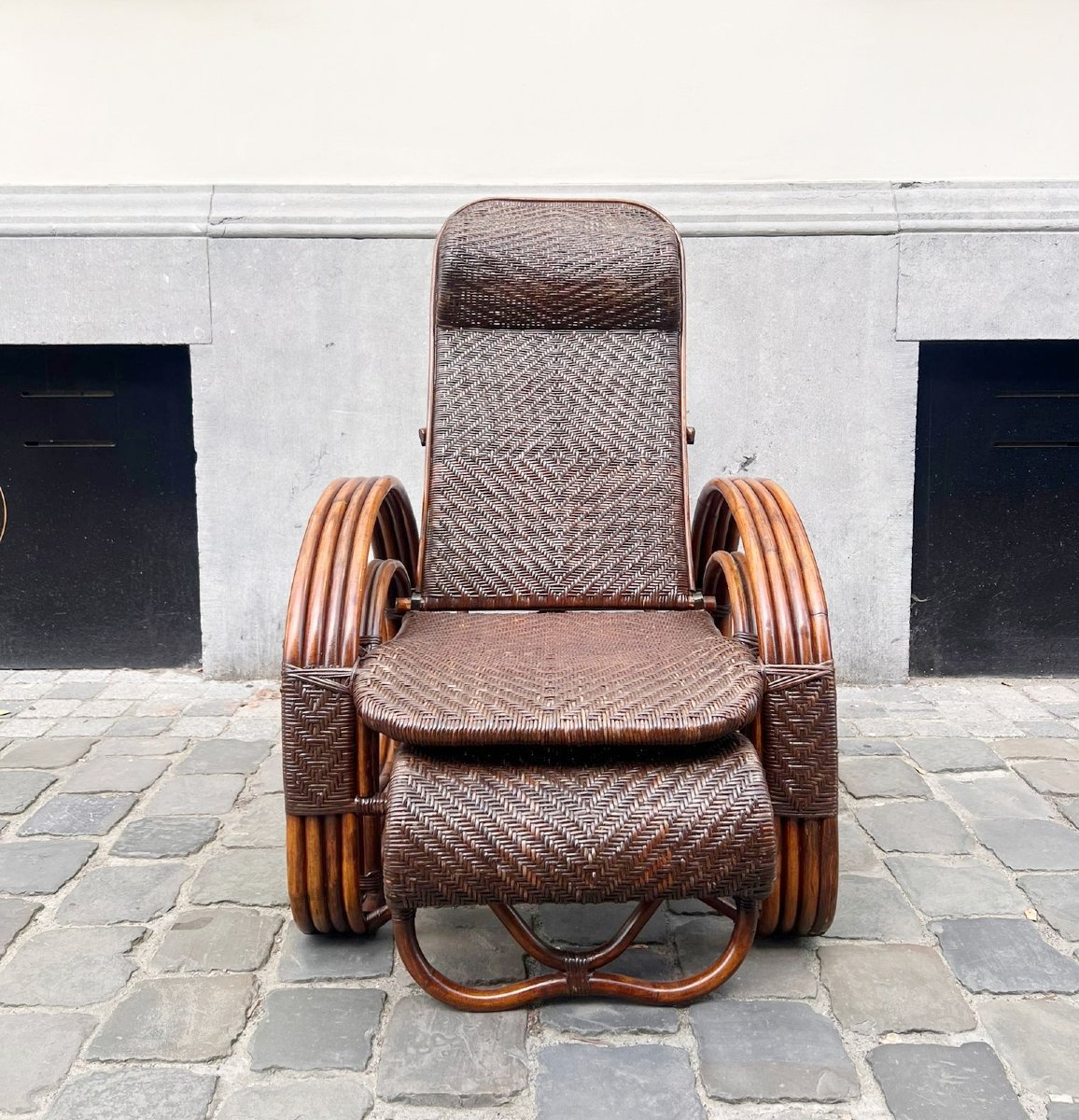 Chaise longue en bambou et rotin, années 1950-photo-1