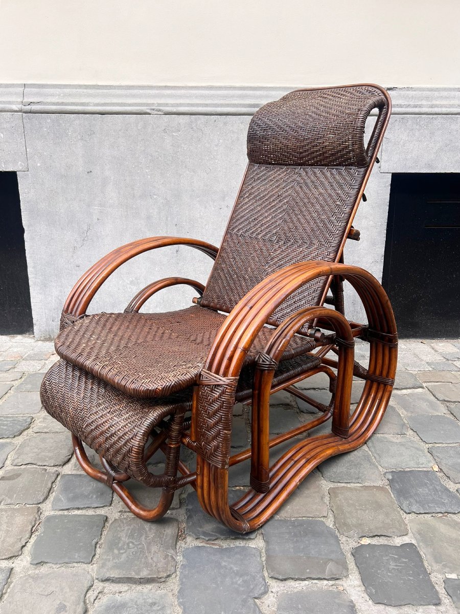Chaise longue en bambou et rotin, années 1950-photo-3