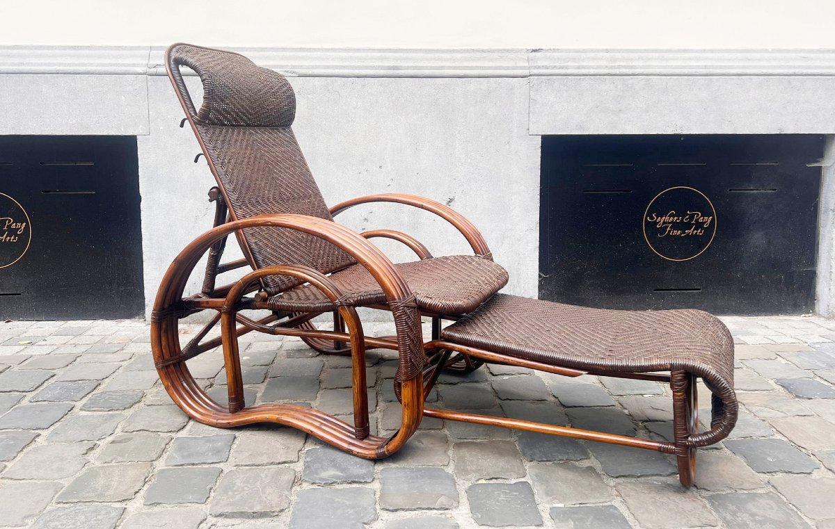 Chaise longue en bambou et rotin, années 1950