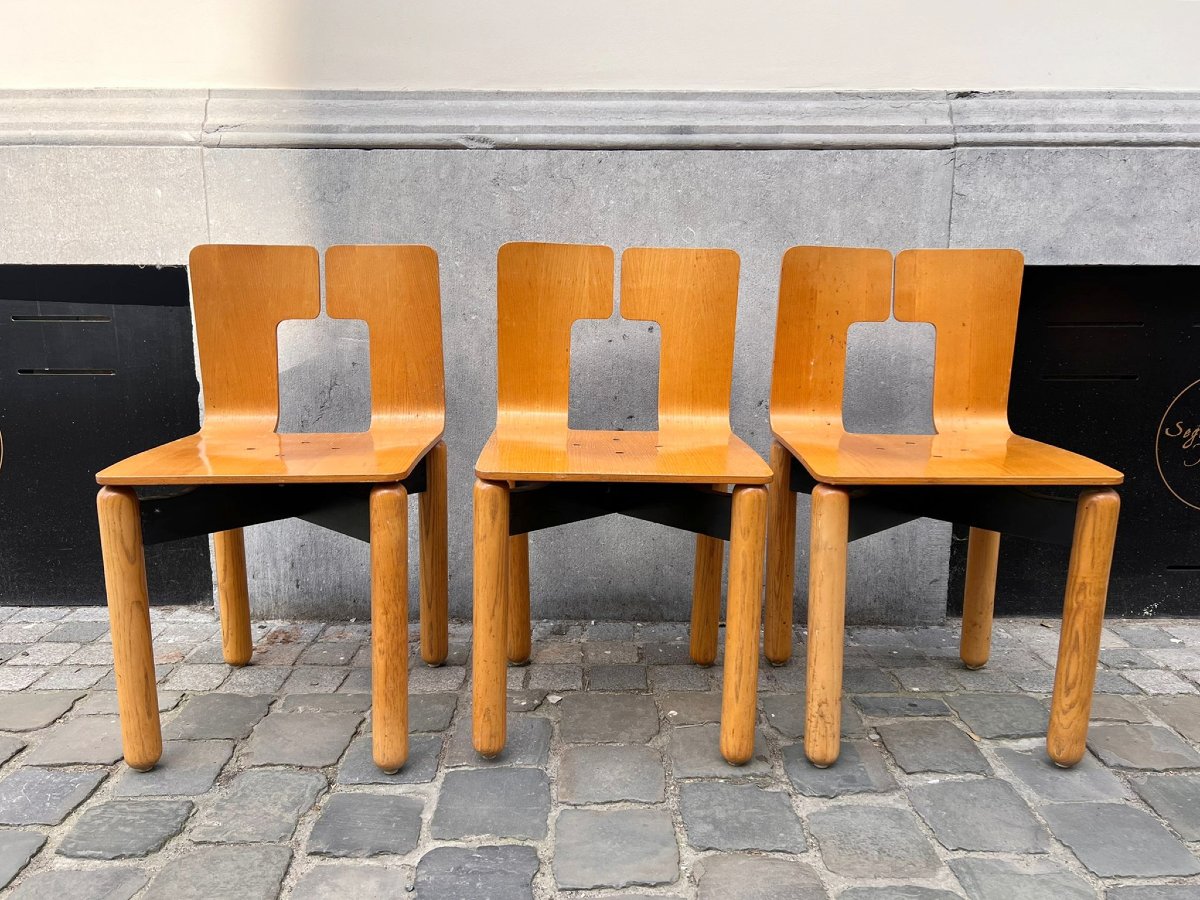 Suite de 6 chaises, en bois avec base en métal laqué, années 80-photo-2