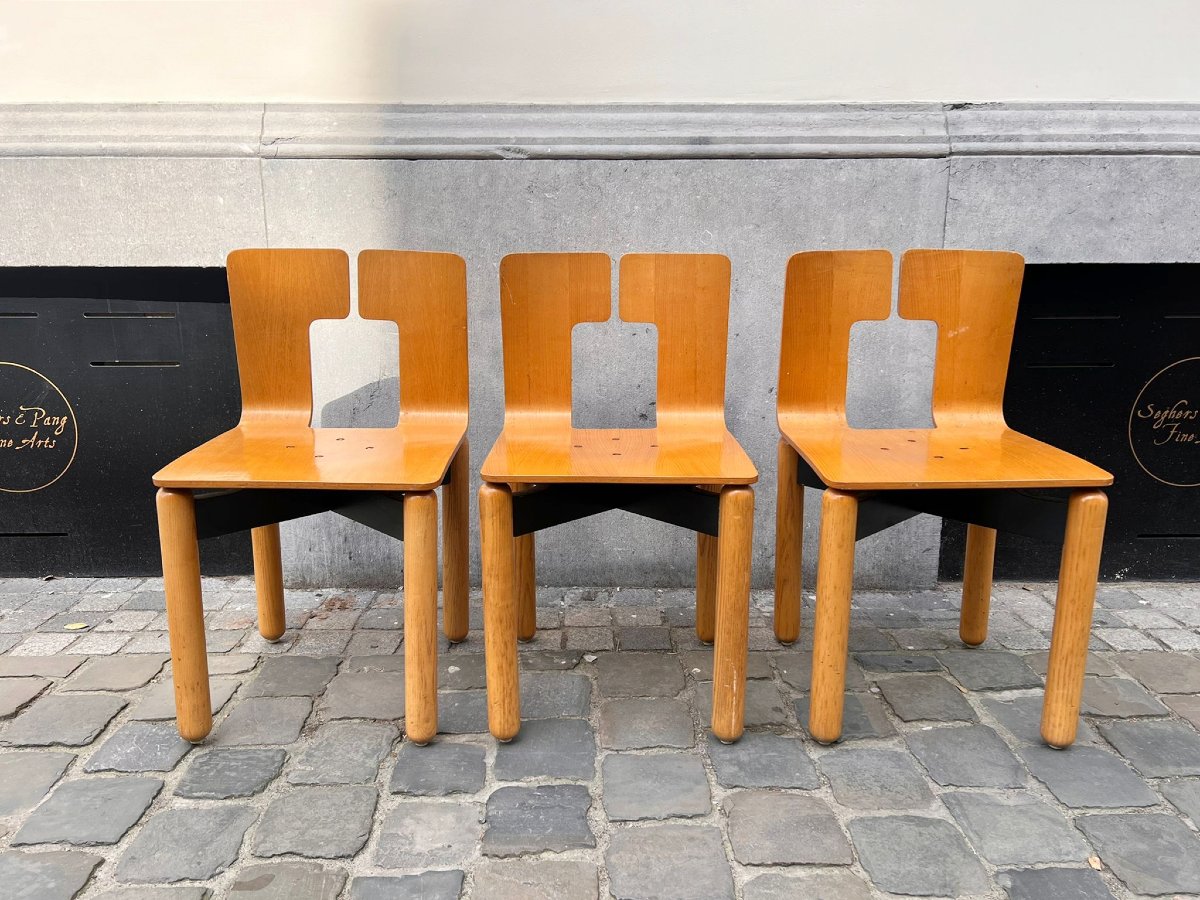 Suite de 6 chaises, en bois avec base en métal laqué, années 80-photo-3