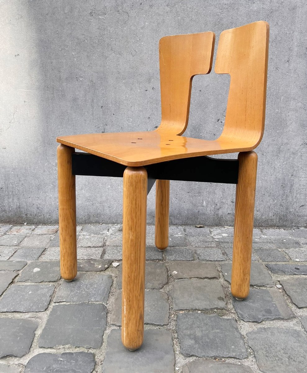 Suite de 6 chaises, en bois avec base en métal laqué, années 80-photo-1