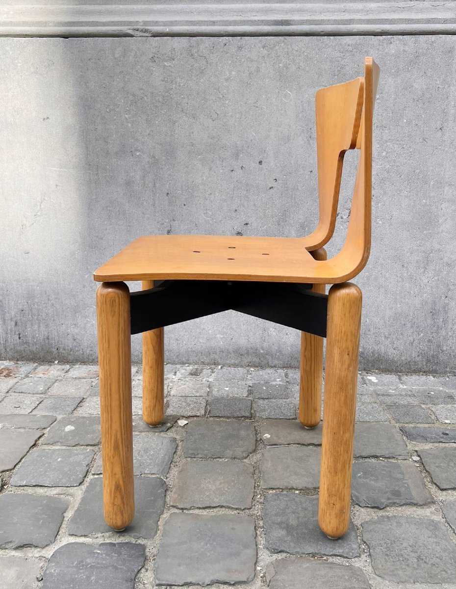 Suite de 6 chaises, en bois avec base en métal laqué, années 80-photo-2