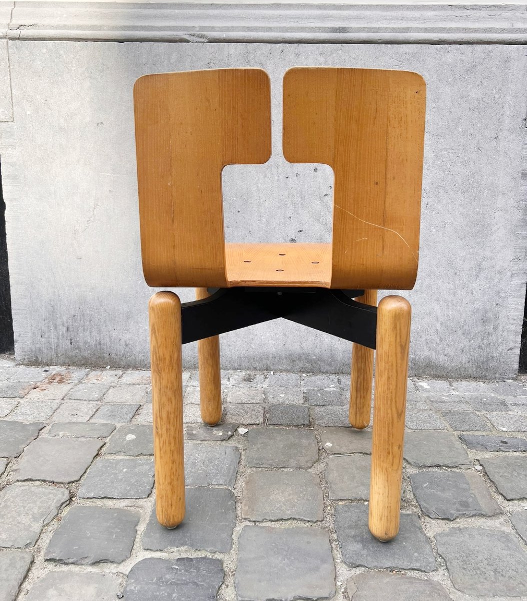 Suite de 6 chaises, en bois avec base en métal laqué, années 80-photo-3