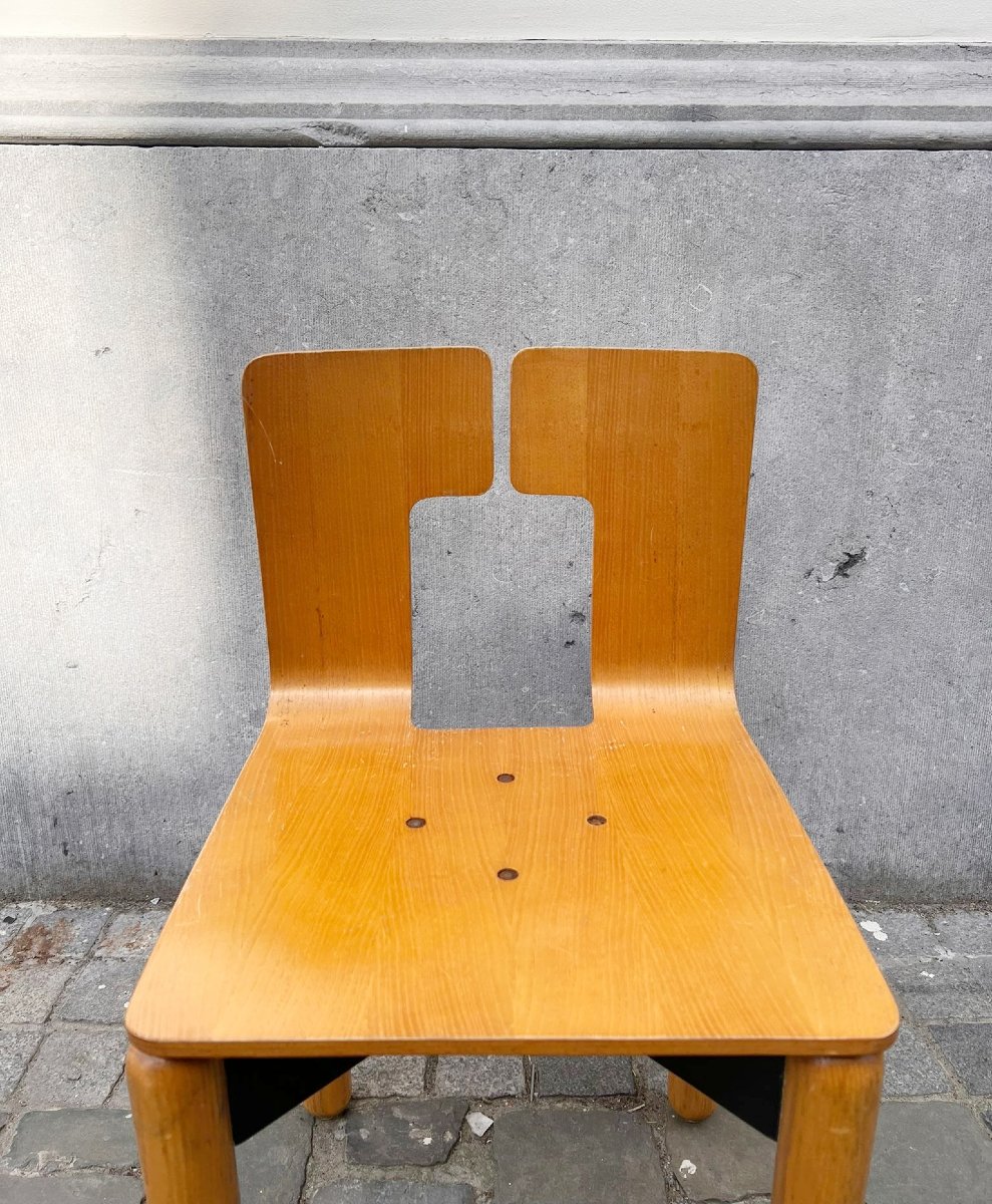 Suite de 6 chaises, en bois avec base en métal laqué, années 80-photo-4