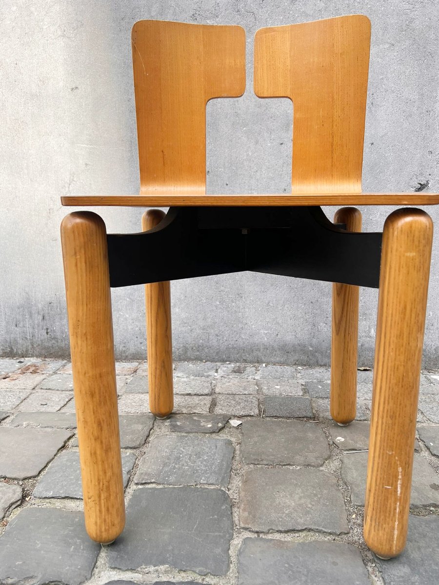Suite de 6 chaises, en bois avec base en métal laqué, années 80-photo-5