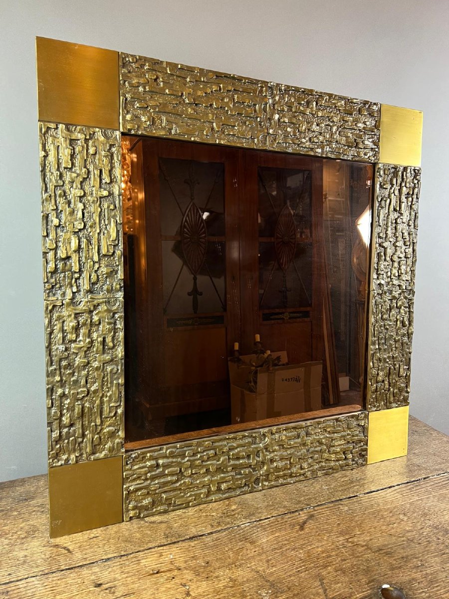Luciano Frigerio, Miroir, encadrement en bronze et miroir fumé-photo-1
