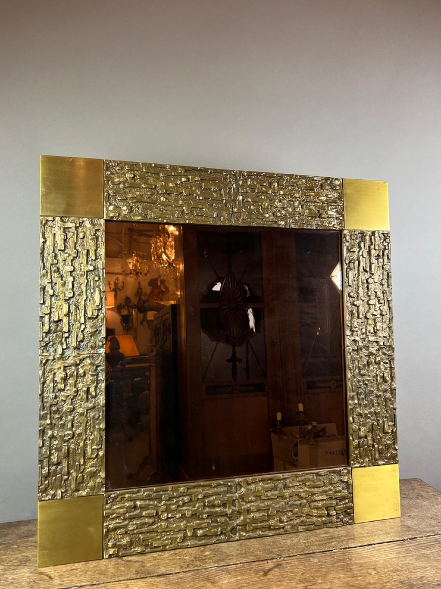Luciano Frigerio, Miroir, encadrement en bronze et miroir fumé-photo-2