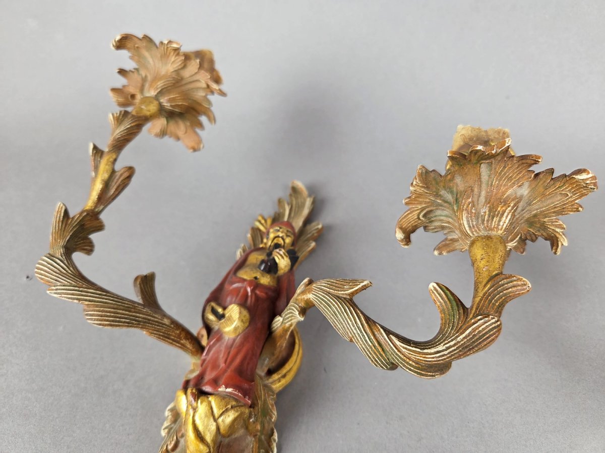 Paire d'appliques en bronze polychromé dans le goût de Maison Janssen -photo-3