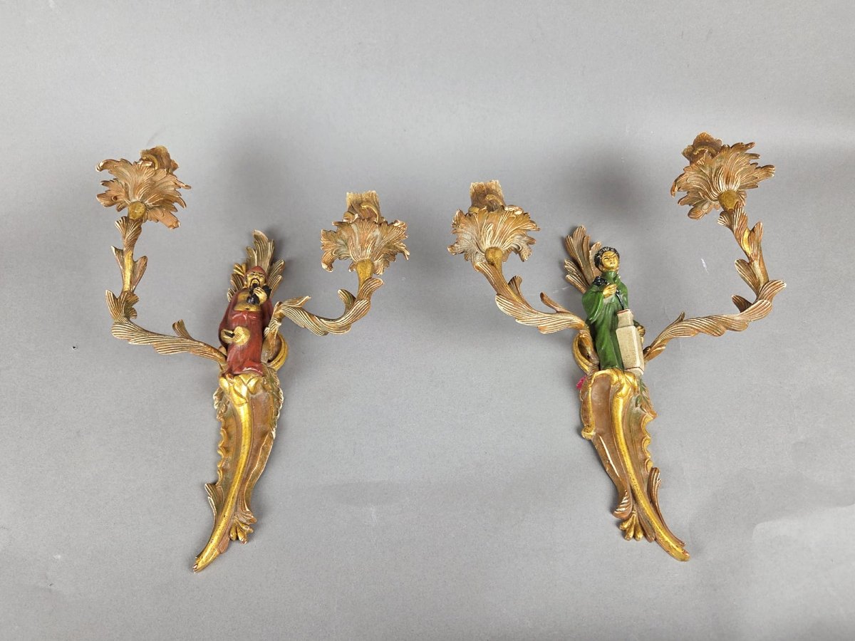 Paire d'appliques en bronze polychromé dans le goût de Maison Janssen -photo-2