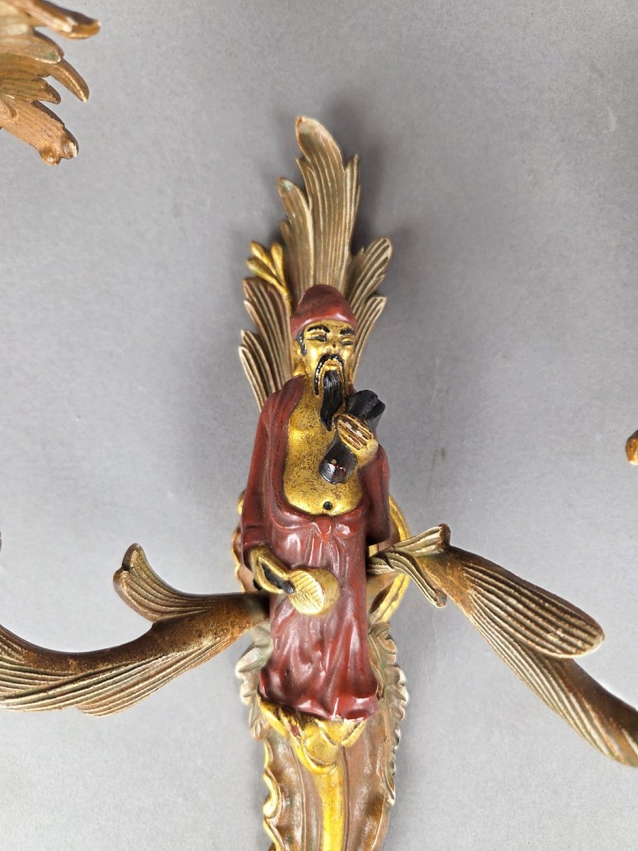 Paire d'appliques en bronze polychromé dans le goût de Maison Janssen -photo-4