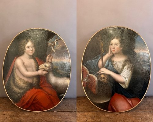 Paire de médaillons, huile sur toile "St Jean Batiste et Marie Madelaine" 18th