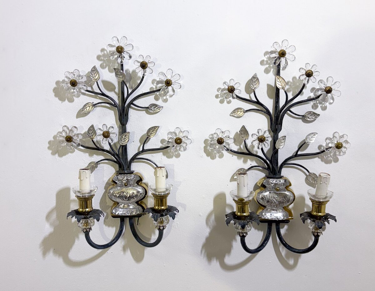 Banci Firenze, paire d'appliques en fer forgé, laiton et verre, Italie vers 1970-photo-2