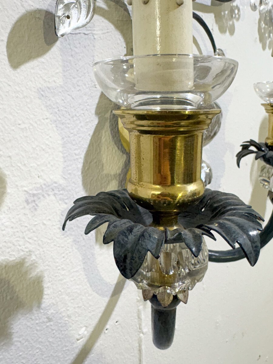 Banci Firenze, paire d'appliques en fer forgé, laiton et verre, Italie vers 1970-photo-3