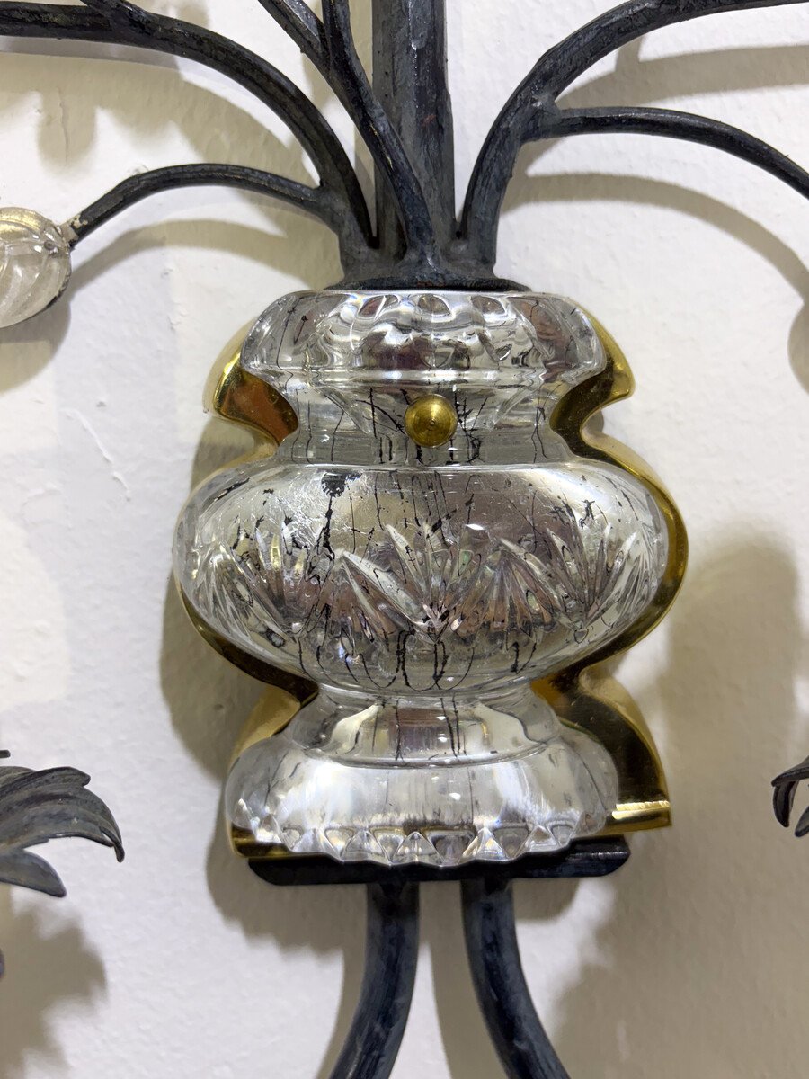 Banci Firenze, paire d'appliques en fer forgé, laiton et verre, Italie vers 1970-photo-4
