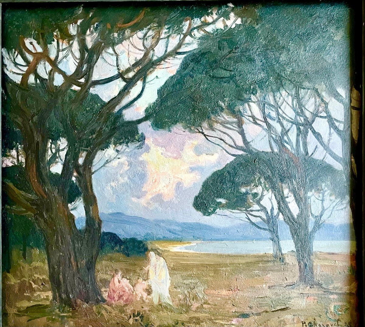 Paul Charavel (1877-1961), à l’ombre des pins, huile/panneau, signée, 1928, 55x51cm (65x60 cm).-photo-2