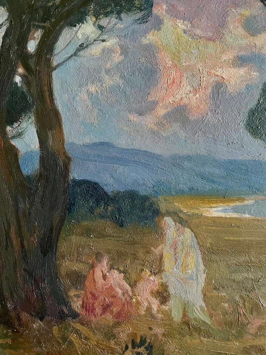 Paul Charavel (1877-1961), à l’ombre des pins, huile/panneau, signée, 1928, 55x51cm (65x60 cm).-photo-3