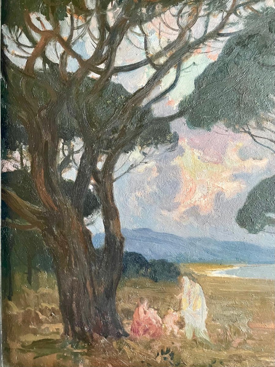 Paul Charavel (1877-1961), à l’ombre des pins, huile/panneau, signée, 1928, 55x51cm (65x60 cm).-photo-4