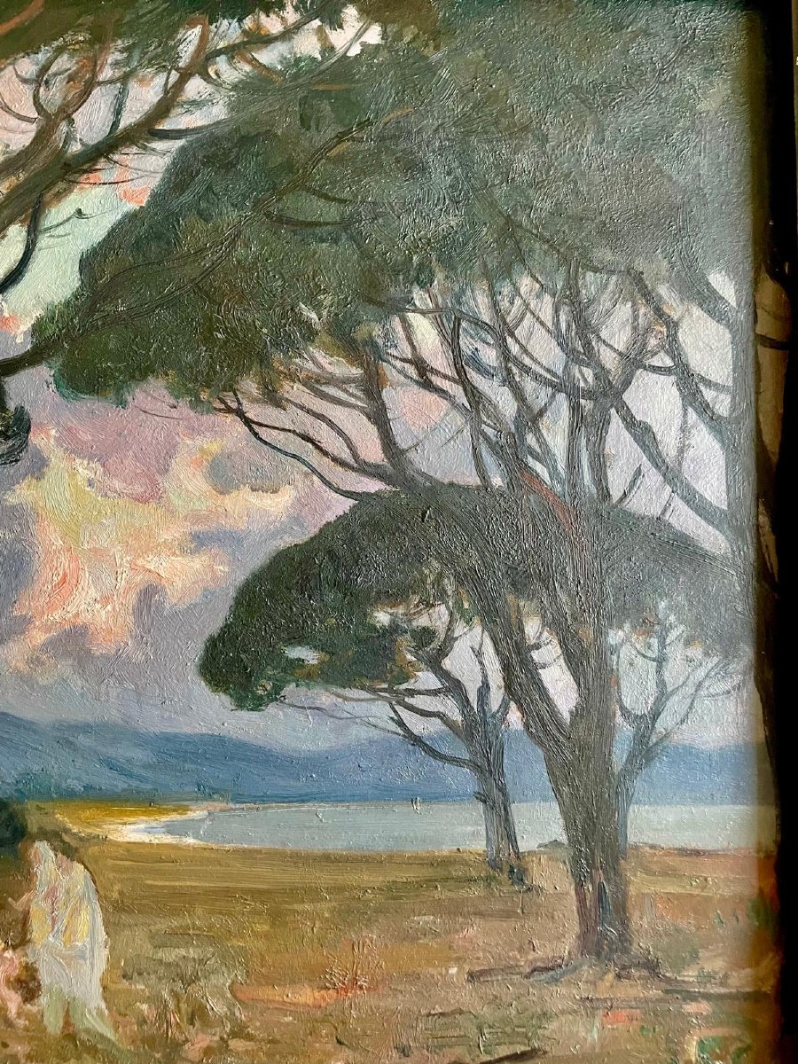 Paul Charavel (1877-1961), à l’ombre des pins, huile/panneau, signée, 1928, 55x51cm (65x60 cm).-photo-1