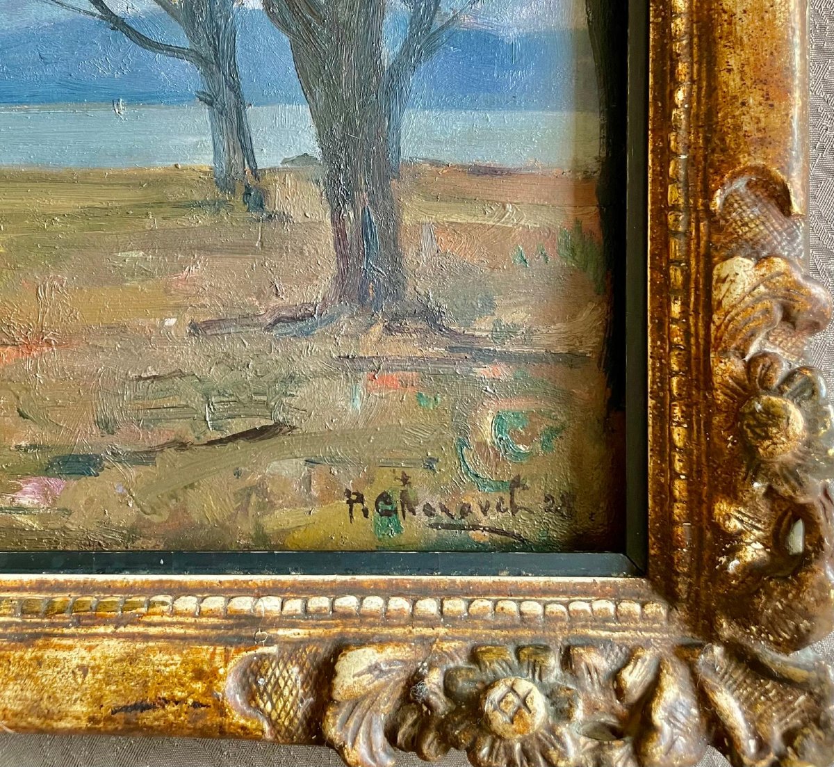 Paul Charavel (1877-1961), à l’ombre des pins, huile/panneau, signée, 1928, 55x51cm (65x60 cm).-photo-2