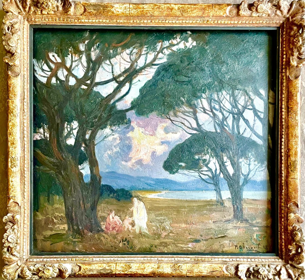Paul Charavel (1877-1961), à l’ombre des pins, huile/panneau, signée, 1928, 55x51cm (65x60 cm).-photo-3
