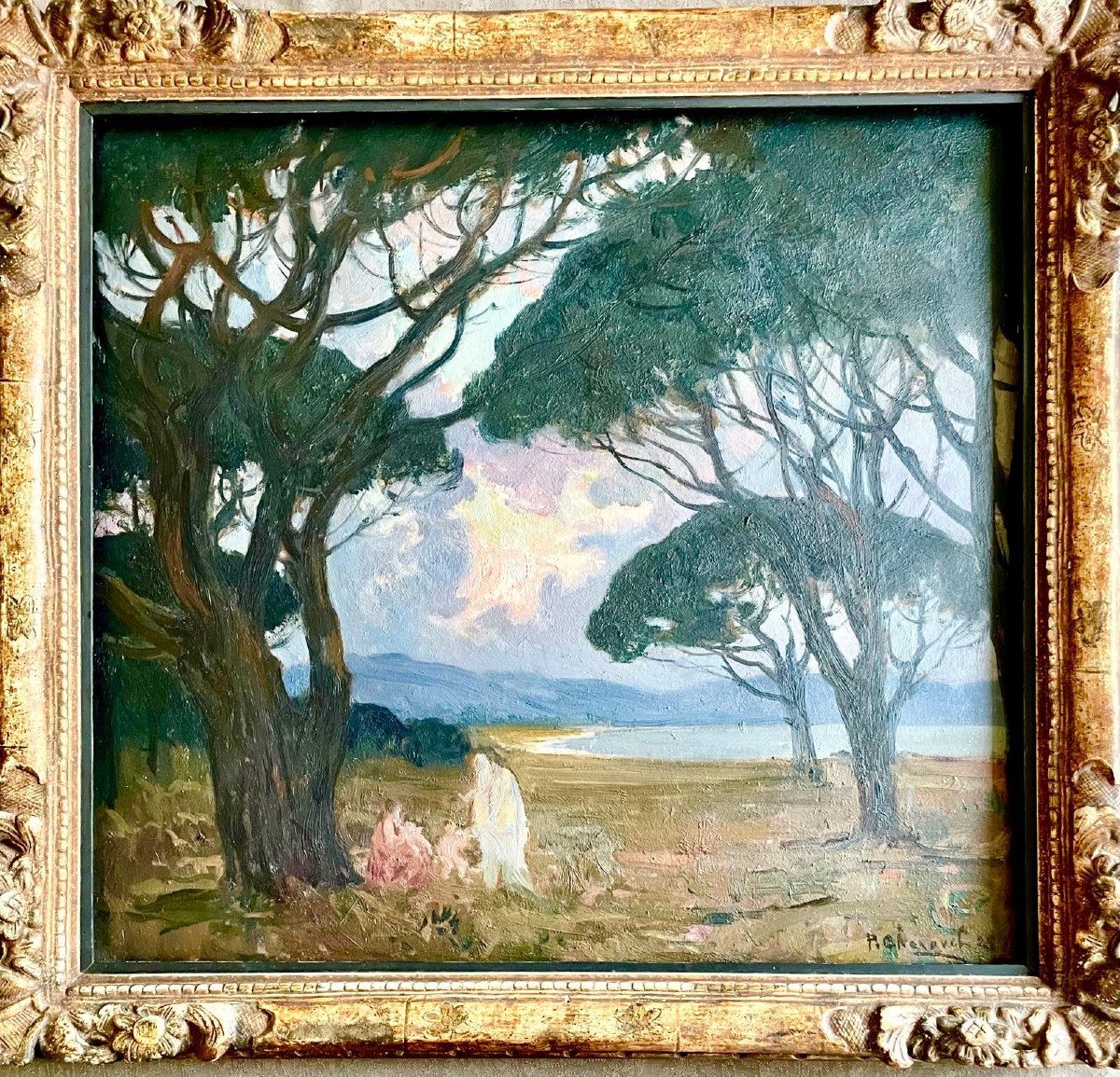 Paul Charavel (1877-1961), à l’ombre des pins, huile/panneau, signée, 1928, 55x51cm (65x60 cm).