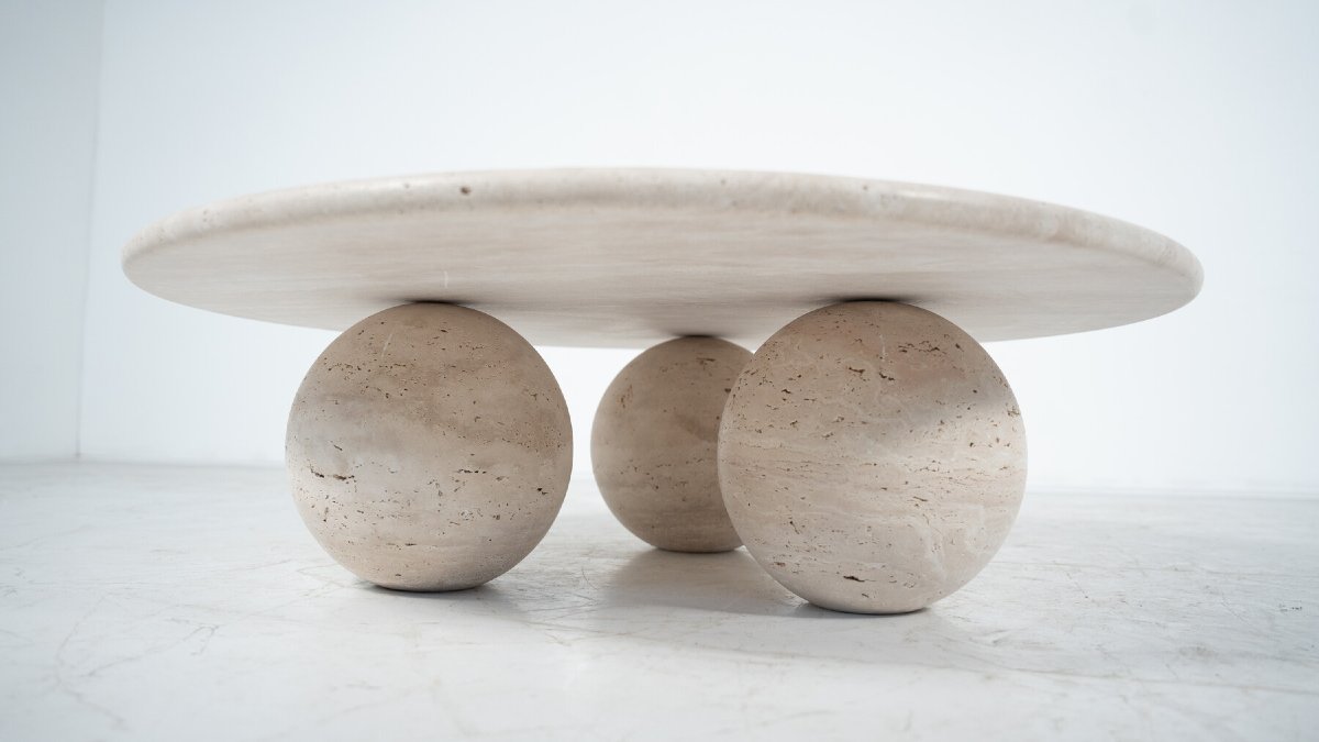 Table basse ronde contemporaine en travertin, Italie-photo-3