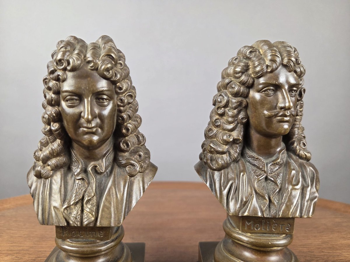 2 petits bustes en bronze "Racine et Molière" 19th-photo-2