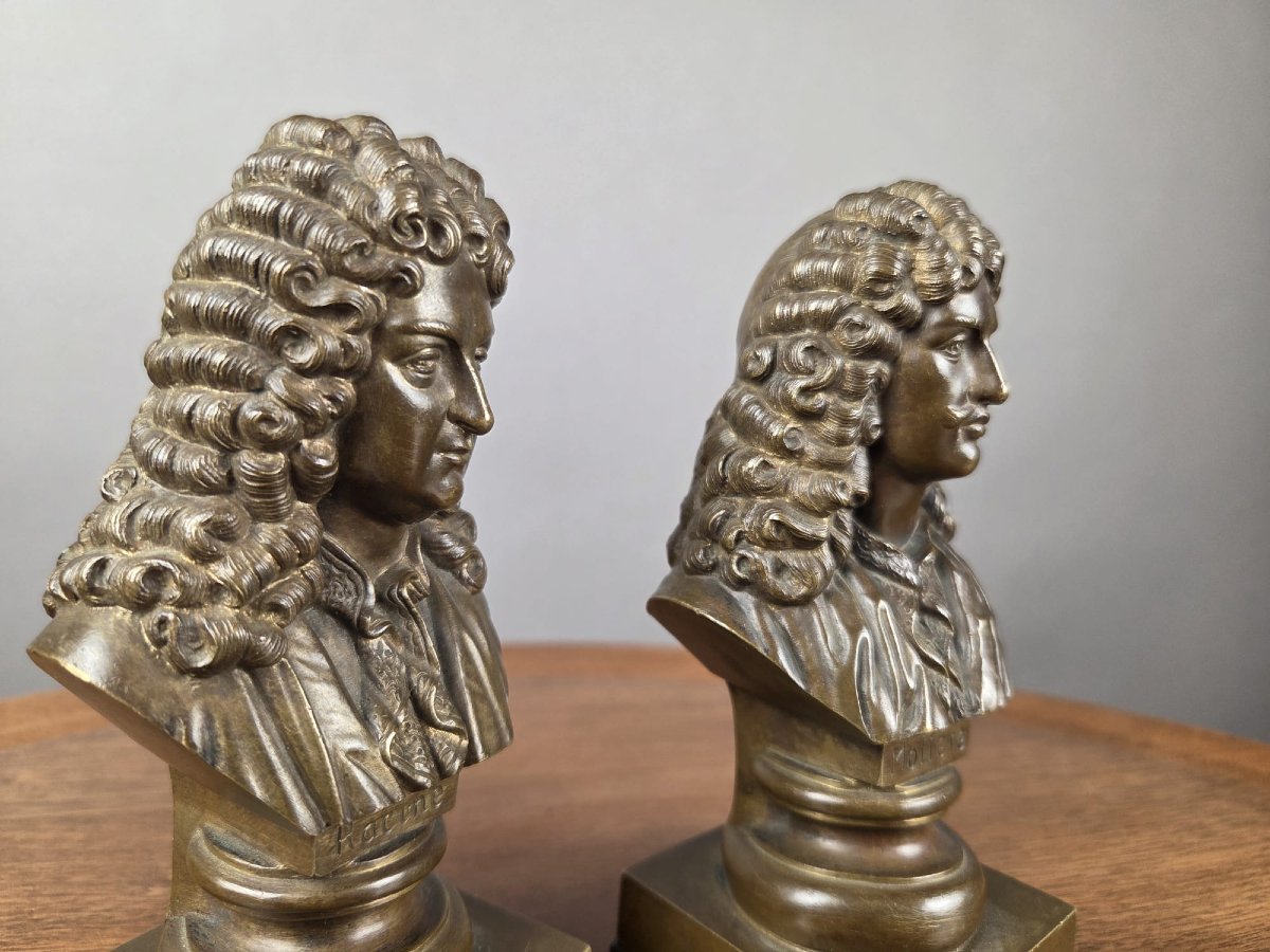 2 petits bustes en bronze "Racine et Molière" 19th-photo-3